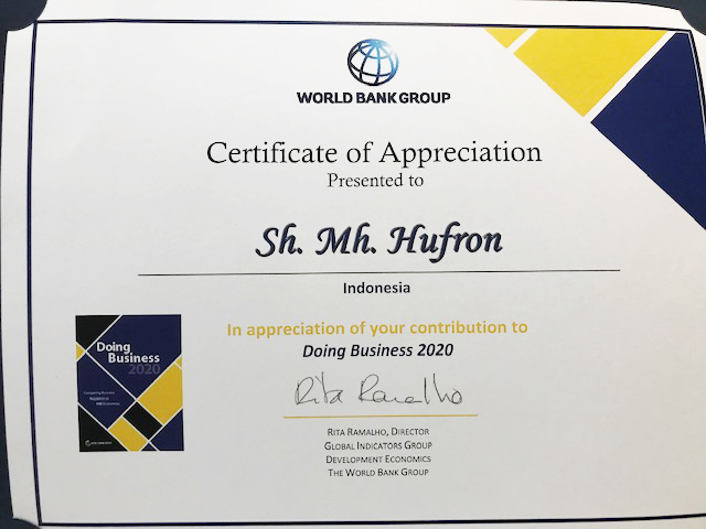 Apresiasi dari World Bank Group karena berkontribusi memberikan pendapat tentang Doing Business 2020.