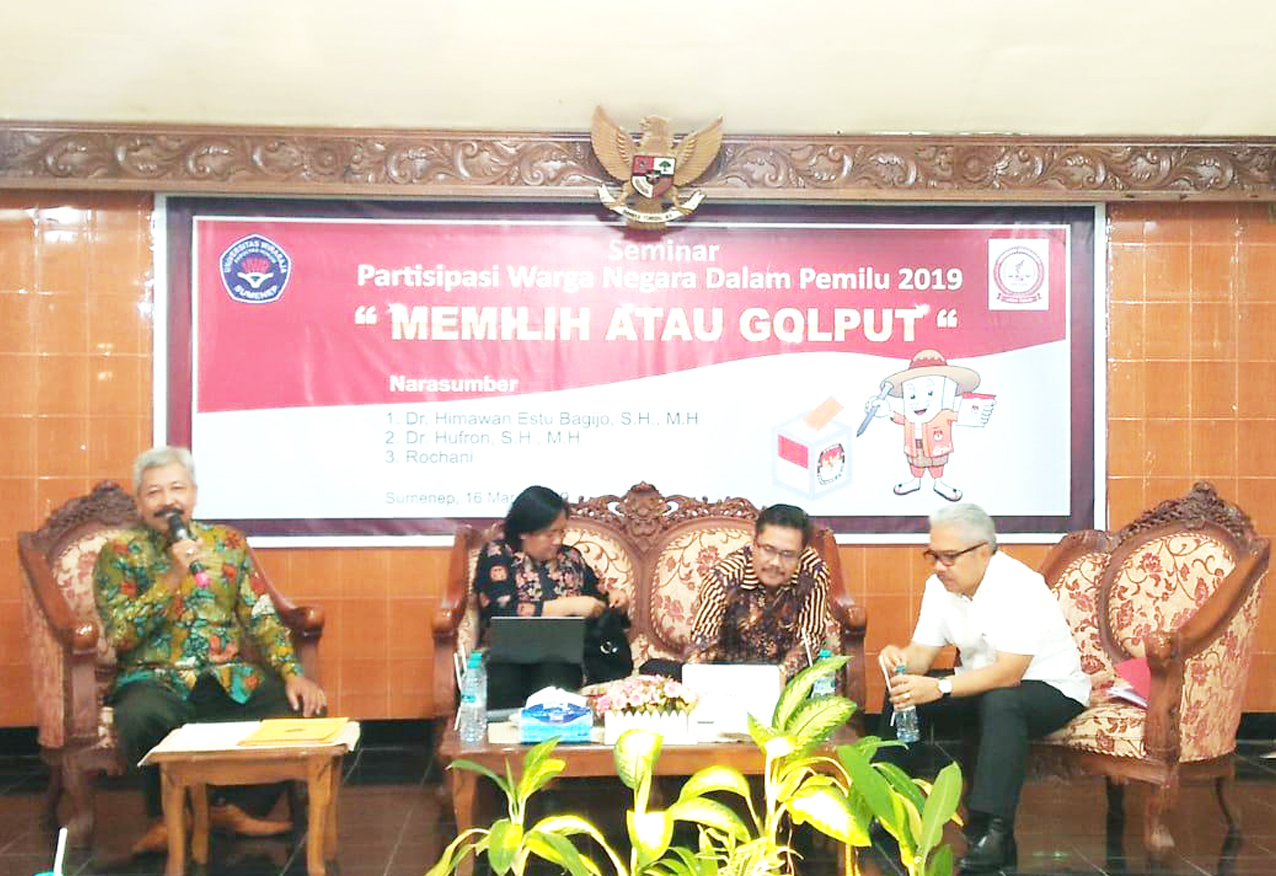 Dr. Hufron., SH., MH Managing Director Kantor Advokat Hufron dan Rubaie Menjadi Narasumber Seminar dalam tema “Partisipasi Warga Negara dalam Pemilu 2019” di Universitas Wiraraja Sumenep